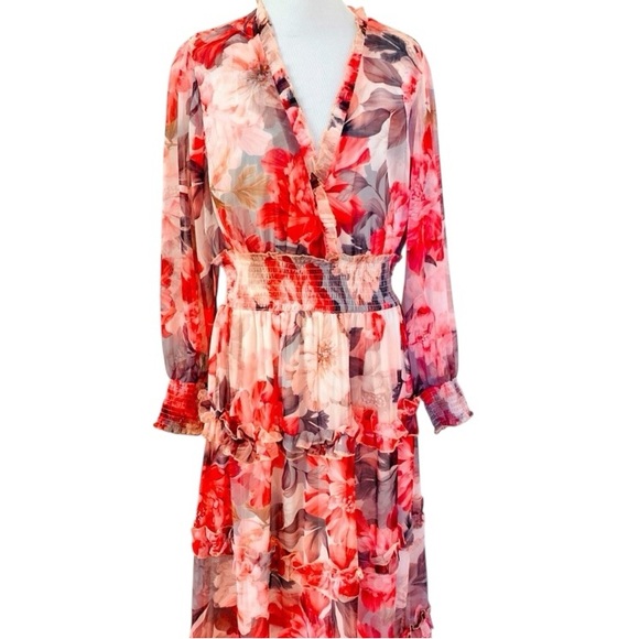 Wishing Waves Boho Maxi Dress Floral Long Sleeve Flowy Chiffon Party Large - Picture 1 of 15